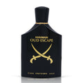 A 100 ml bottle of Haramain Oud Escape Extrait de Parfum, featuring a matte black bottle with gold lettering and a gold crossed-swords logo, set against a plain white background.